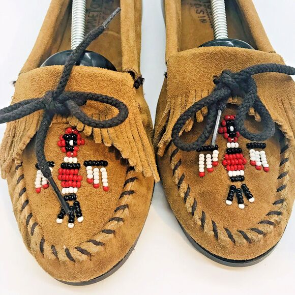 Minnetonka Thunderbird Animikii Beaded Brown Suede Moccasin Women's 10 Hard Sole - Picture 4 of 12